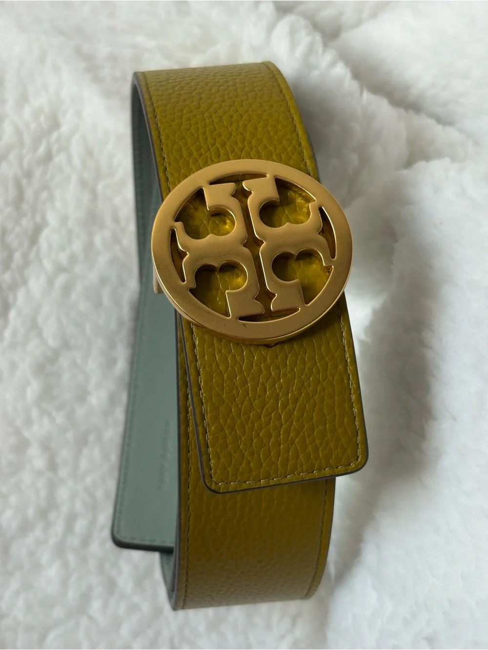 Tory Burch Olive Green Leather Belt with Gold Logo Buckle